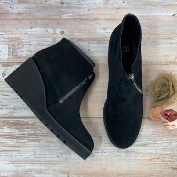 Eileen Fisher Alto Black Suede Wedge Ankle Boots Booties Platform Size 7 Zip - Picture 11 of 14